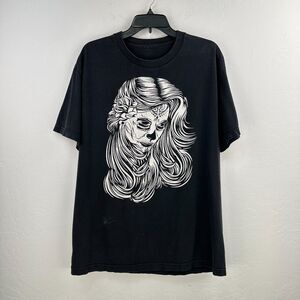 Tshirt Mens L Black White Dia De‎ Los Muertos Sugar Skull Woman Grunge Holiday